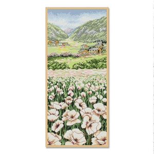 Klaprozenveld, geteld kruissteekpatroon, bloemmotief, zomerlandschap, roze bloemenpatroon, Instant Download PDF