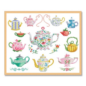 Teapots Collection, Counted Cross Stitch pattern, Kitchen Still Life, Cups, Mugs, Tea Time, Home Modern Decor, Instant Download PDF