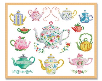 May include: A collection of 10 colorful teapots with floral and geometric designs. The teapots are arranged in a frame with a white background.