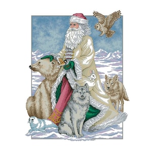 Polar Santa, Kreuzstichmuster, Winter, Eisbär, Wolf, Adler, Urlaub, Weihnachtskarte, Instant Download PDF