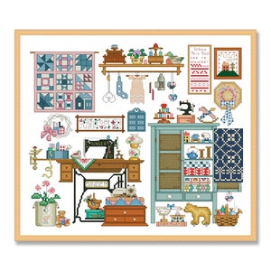 Sy mysigt mönster, räknat korsstygnsmönster, nålkvinnan's rum, vintage lapptäcke, symaskin, hem ljuva hem, viktorianskt hus