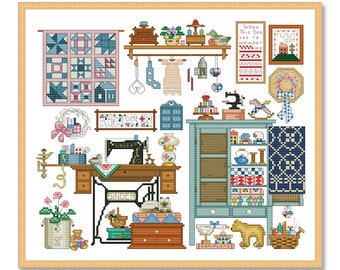 Sew Cozy Sampler, Counted Cross Stitch Pattern, Needlewoman's Room, Vintage Patchwork, Sewing Machine, Home sweet home, Victorian House