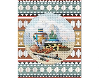 Southwest Blend, Counted Cross Stitch pattern, Kitchen Still Life, Grand Canyon, Desert Cactus, Ceramic tableware, Instant Download PDF