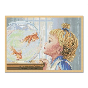 Golden Fish, Counted Cross Stitch pattern, Fish cross stitch, Hand Xstitch Chart PDF, Underwater world, Tropical fish, Sweet girl, Aquarium