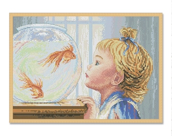 Goldener Fisch, Zählmuster, Fisch Kreuzstich, Hand Xstitch Chart PDF, Unterwasserwelt, Tropischer Fisch, Süßes Mädchen, Aquarium