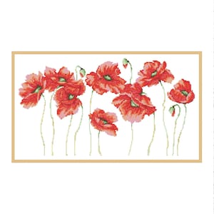 Rode klaprozen, kruissteekpatroon, digitaal PDF-patroon, modern decor, patroon van wilde bloemen, boeket, naaldpuntdiagram, Instant Download