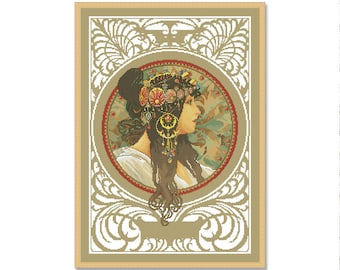 Brunette vrouw, geteld kruissteekpatroon PDF, Alphonse Mucha, Art Nouveau, meisje bloemen, portret van een vrouw, romantisch meisje