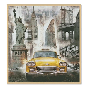 Puede incluir: Un taxi amarillo vintage conduciendo por una calle de la ciudad de Nueva York. La Estatua de la Libertad, el edificio Chrysler y el puente de Brooklyn son visibles en el fondo.