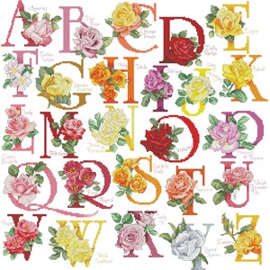 Alfabeto rosa, patrón de punto de cruz contado, letras florales, personalización de letras, decoración para la habitación de los niños, flor de jardín ABC imagen 3