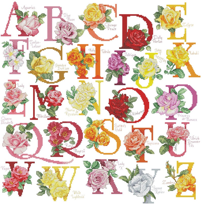 Alfabeto rosa, patrón de punto de cruz contado, letras florales, personalización de letras, decoración para la habitación de los niños, flor de jardín ABC imagen 3