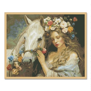 Bloemenfee, kruissteekpatroon, digitale pdf-patroon, zomertuin, vrouw met een boeket, bloemmotief, paardenhoofd, borduurkaart
