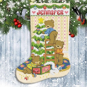 Kerstsok, opzichtige kous, geest van Kerstmis, geteld kruissteekpatroon, steekdecor, naaldwerkgrafiek, Instant download