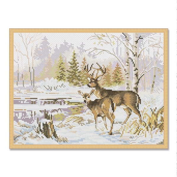 Deer by the lake, Counted Cross Stitch pattern, Wild Animals, Winter Forest, Hand Xstitch Decor, Instant Download PDF