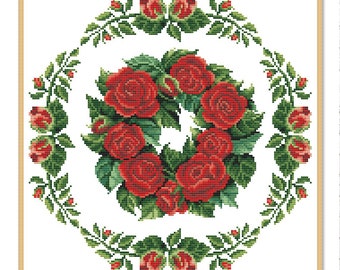 Roses Wreath, Counted Cross Stitch Pattern, Red Roses, Floral pattern, Wildflowers Pattern, Wreath of flowers, Instant Download PDF