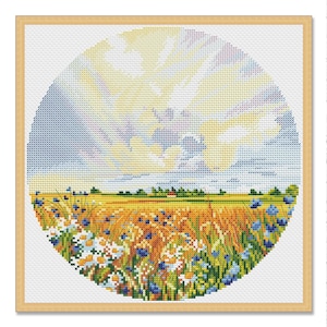 Feld Kamille Feld, Kreuzstichmuster, Sommer Landschaft, Wald, Weizenfeld, Handmuster, digitales Muster PDF, Handmuster