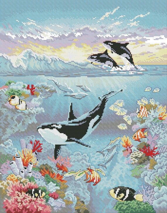 生きている海、クロスステッチのパターン、魚のクロスステッチ、イルカ