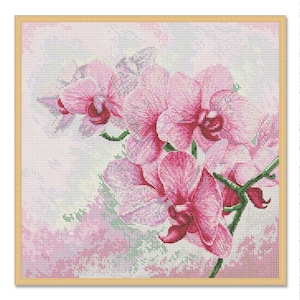 Prachtige orchideeën, getelde kruissteekpatroon, digitale patroon-pdf, violetroze bloemen, patroon oosterse wilde bloemen, boeketborduurwerk