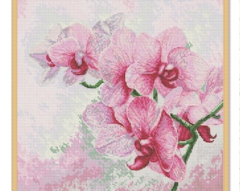 Lindas orquídeas, Padrão de ponto cruz, Padrão digital em PDF, Flores rosa-violeta, Padrão de flores silvestres orientais, Bordado de buquê
