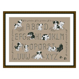 Filhotes ABC, padrão de ponto cruz contado PDF, alfabeto, letras, letras, personalização, cães engraçados, cachorrinhos brincando, decoração Xstitch