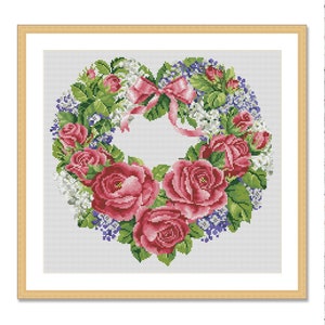 Rozen en lila krans, geteld kruissteekpatroon, bloemen, digitale patroon PDF, bloemenkaart, patroon van wilde bloemen, boeketborduurwerk
