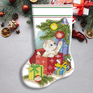 Cat Christmas Stocking, Playful Kitty, Animals, Counted Cross Stitch Pattern, Xstitch Decor, Needlework Chart, Instant download PDF
