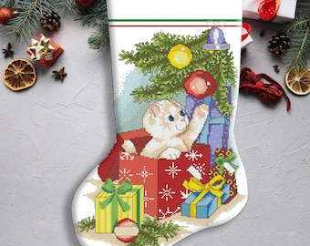 Cat Christmas Stocking, Playful Kitty, Animals, Counted Cross Stitch Pattern, Xstitch Decor, Needlework Chart, Instant download PDF