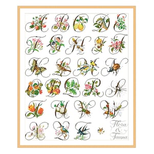 Alfabeto de flora y fauna, patrón de punto de cruz contado, letras florales, personalización de letras, decoración para la habitación de los niños, ABC de flores de jardín, pájaro