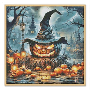 May include: A jack-o'-lantern wearing a witch's hat sits in a spooky Halloween scene with other pumpkins and glowing lanterns. The scene is set in front of a dark, mysterious forest with a full moon in the background.