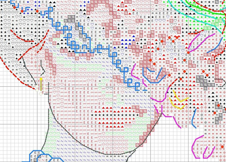 May include: A cross-stitch pattern with a variety of colors, including red, blue, green, yellow, and black. The pattern features a variety of shapes, including hearts, stars, and triangles. The pattern is on a white background.
