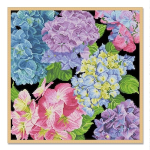Hortensiaboeket, geteld kruissteekpatroon, digitaal patroon, bloemmotief, patroon wilde bloemen, boeketborduurwerk, Instant Download