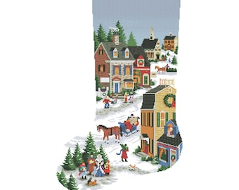 Christmas Stocking, Winter Village, Counted Cross Stitch Pattern, Village scene, Xstitch Decor, Needlepoint Chart, Instant download PDF