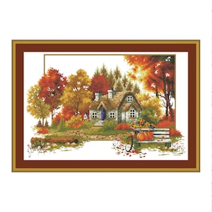 Autumn Story, Counted Cross Stitch Pattern, Village Cottage, Autumn forest , Hand Embroidery, Needlepoint Chart, Digital Pattern PDF