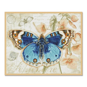 Vintage vlinder, geteld kruissteekpatroon, bloemennatuur kruissteek, insecten, bloeiende vlinder, bloemenpatroon Download PDF