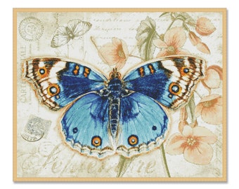Vintage Butterfly, Counted Cross Stitch Pattern, Floral Nature cross stitch, Insects, Blooming  butterfly, Flower Pattern Download PDF