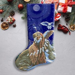 Christmas Stocking, Sacred Connection, Counted Cross Stitch Pattern, Indian Spirit Hunters, Needlepoint Chart, Instant download PDF