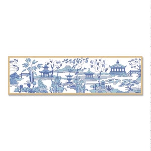 Water Garden Panno, Counted Cross Stitch pattern,  Pagoda, Waterfall, Oriental landscape, Hand Xstitch Decor, Summer Landscape