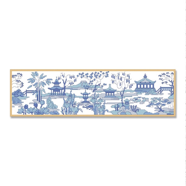 Jardin d'eau Panno, motif point de croix compté, pagode, cascade, paysage oriental, décor Xstitch à la main, paysage d'été