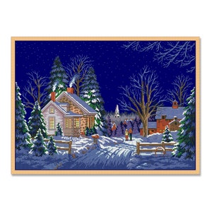 Walking to Town, Counted Cross Stitch Pattern, Winter Landscape, Snow Village, Hand Needlepoint Chart, Digital Pattern PDF