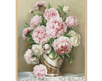 Bouquet of Peonies Cross Stitch Pattern PDF Elegant Floral Embroidery Design with Pink and White Flowers Instant Download Needlework Chart