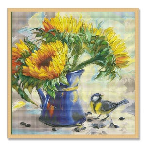 Sunflowers in a vase, Cross Stitch Pattern, Bird, Summer Garden Flowers, Bouquet with Sunflowers, Floral Chart, Instant Download PDF
