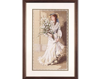 Retrato de elegancia, Patrón punto de cruz, Patrón digital PDF, Decoración moderna, Mujer con ramo, Estampado floral, Cuadro de punto de aguja a mano