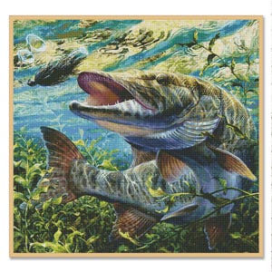 May include: A detailed painting of a fish underwater, with a dark lure in the background. The fish is depicted with its mouth open, showcasing its teeth. The artwork features shades of blue, green, and brown, with aquatic plants and water reflections.