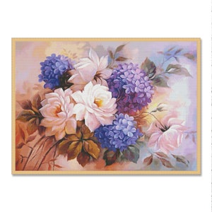 Hortensia en rozen, geteld kruissteekpatroon, digitaal patroon PDF, bloemmotief, zomerwildbloemenpatroon, tuinbloemengrafiek