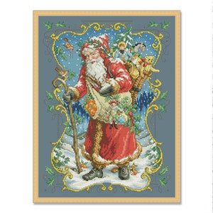 Saint-Nicolas, Saint-Nicolas balayé par le vent, motif point de croix compté, hiver, père Noël, neige, décoration vacances Xstitch, arbre de Noël, téléchargement immédiat
