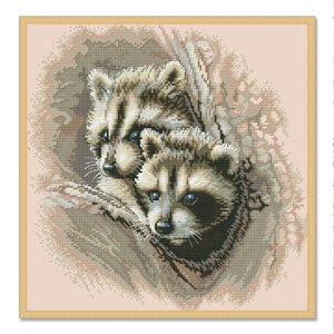 Twee wasbeertjes, geteld kruissteekpatroon, wilde dieren, bos, dierlijk patroon, bosgeest, hand xstitch-decor, borduurpatroon
