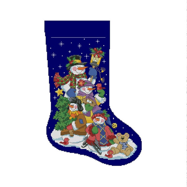 Christmas Stocking, Snow family fun, Snowman, Counted Cross Stitch Pattern, Xstitch Decor, Needlepoint Chart, Instant download PDF