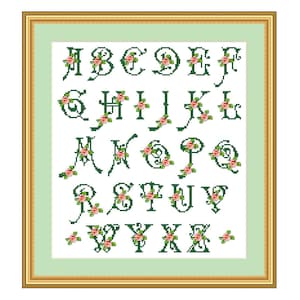 Alfabeto floral, patrón de punto de cruz contado, letras florales, personalización de letras, decoración para la habitación de los niños, flor de jardín ABC