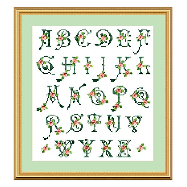 Alphabet floral, motif point de croix compté, lettres florales, personnalisation de lettrage, décoration pour chambre d'enfant, ABC de fleurs de jardin