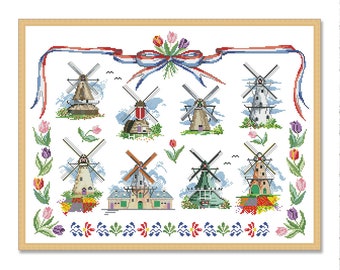 Dutch Windmills, Counted Cross Stitch Pattern, Sampler Old Mill, Holland tulips, Landscape Pattern, Instant Download PDF, Village Cottage