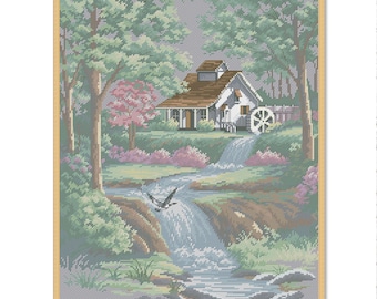Friedlicher Strom, Kreuzstich-Muster, Dorf Cottage, Sommerwald , Handstickerei, Nadelspitze, digitales Muster PDF